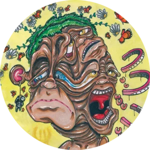 Stylized three face illustration with creepy mouth imagery and flowers around head, a la garbage pail kids style