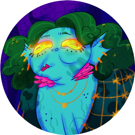 Mary avatar as a blue monster baring teeth at camera